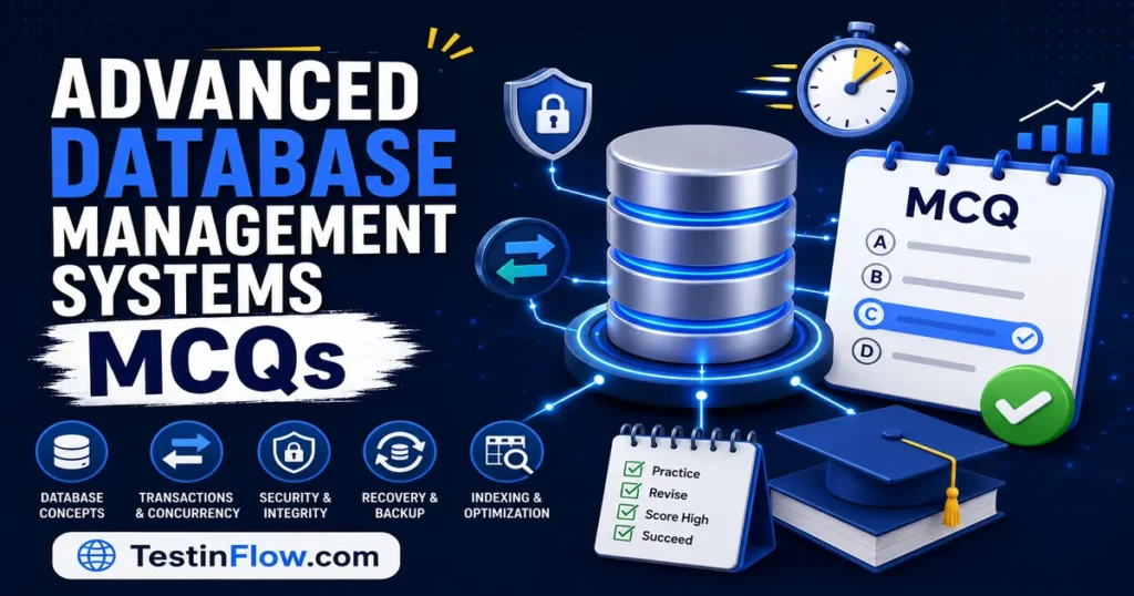 Advanced Database Management Systems MCQs with database, security, transaction, and quiz symbols