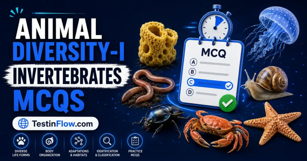 Animal Diversity-I Invertebrates MCQs featuring sponge, jellyfish, worm, snail, insect, crab, starfish, timer, and quiz symbols