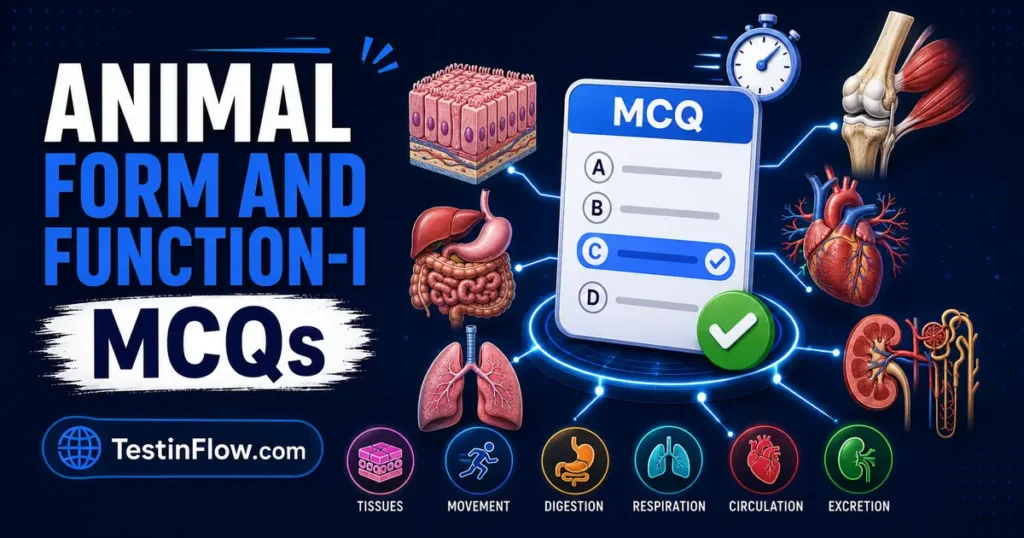 Animal Form and Function-I MCQs showing tissue, skeleton, muscle, digestion, respiration, circulation, kidney, timer, and quiz symbols