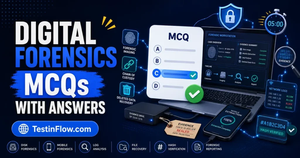 Digital Forensics MCQs showing a forensic laptop, storage drive, evidence shield, hash verification, timer, quiz card, and correct-answer symbol