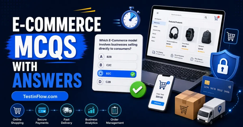 E-Commerce MCQs showing an online store, shopping cart, digital payment, delivery package, timer, quiz card, and correct-answer symbol