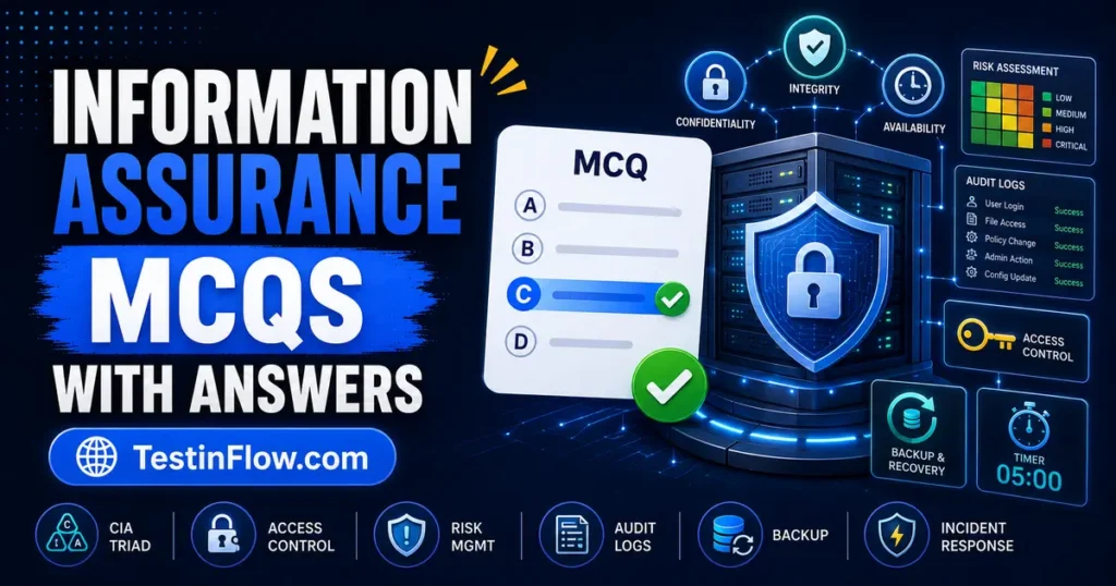Information Assurance MCQs showing protected data, CIA triad, access control, encryption, risk assessment, timer, and quiz symbols