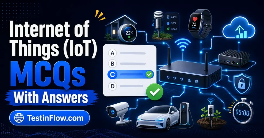 Internet of Things MCQs showing smart devices, sensors, IoT gateway, cloud, security shield, timer, quiz card, and correct-answer symbol
