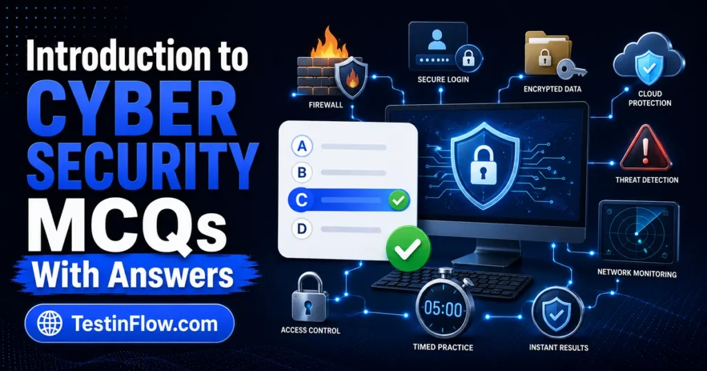 Introduction to Cyber Security MCQs showing a protected computer network, security shield, malware warning, login, encryption, timer, and quiz card