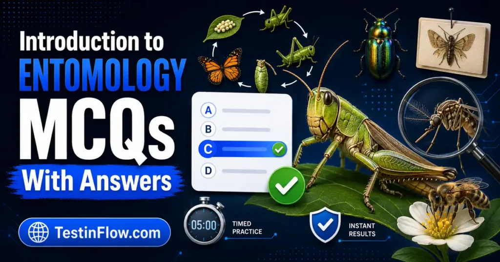 Introduction to Entomology MCQs showing insect anatomy, butterfly metamorphosis, beetle, bee, magnifying glass, timer, and quiz card