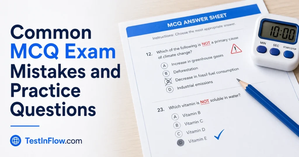 MCQ answer sheet with a timer and corrected examination mistakes for student practice.