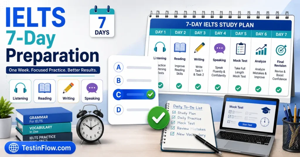 IELTS 7-day preparation MCQs showing study calendar, Listening Reading Writing Speaking icons, timer, quiz card, and correct answer symbol