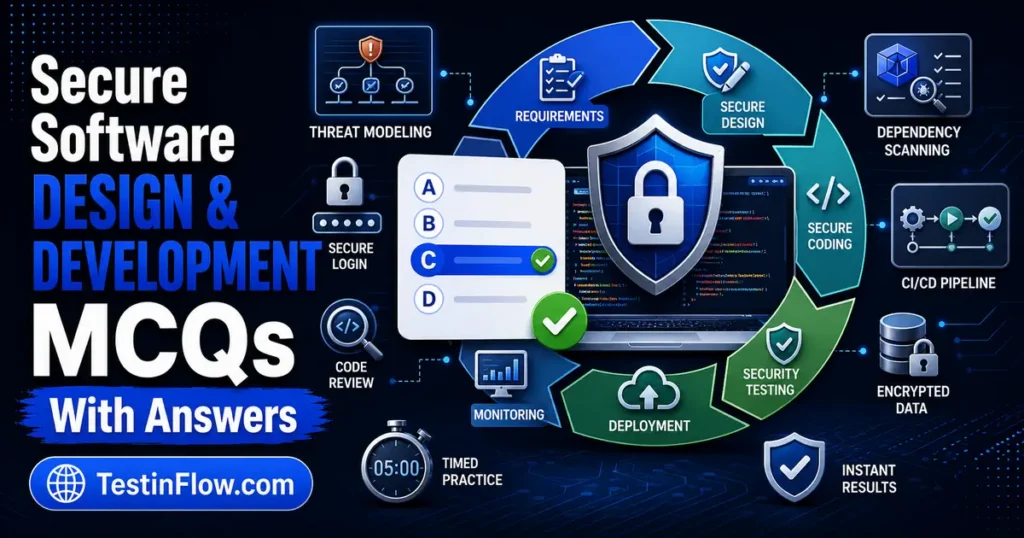 Secure Software Design and Development MCQs showing Secure SDLC, threat modeling, secure coding, application testing, DevSecOps, timer, and quiz card