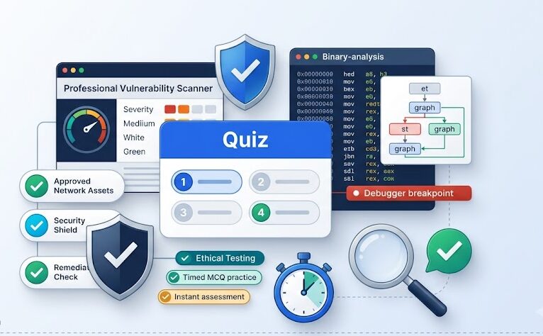 Vulnerability Assessment and Reverse Engineering MCQs showing a security scanner, binary analysis, debugger, risk indicators, timer, and quiz card